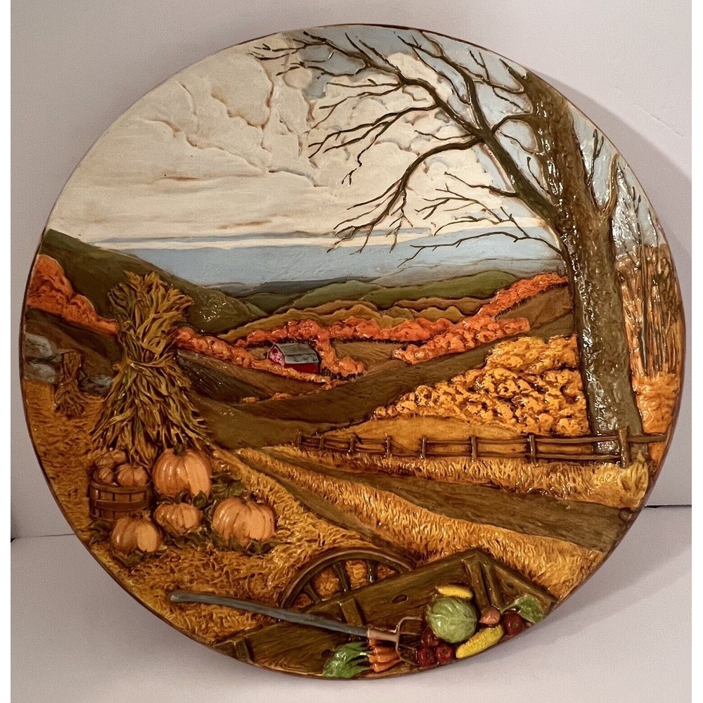 Byron Mold 1970s 3D Ceramic Wall‎ Plate Countryside Autumn Scene 13"